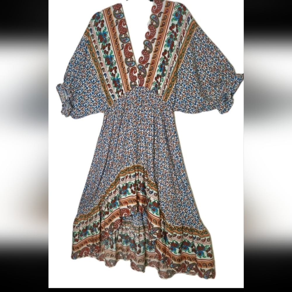 Umgee Women Dress Stevie Nicks Floral  Cottagecore Belle Sleeve High Low Midi Md